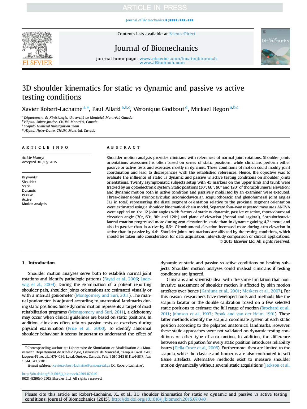 3D shoulder kinematics for static vs dynamic and passive vs active testing conditions