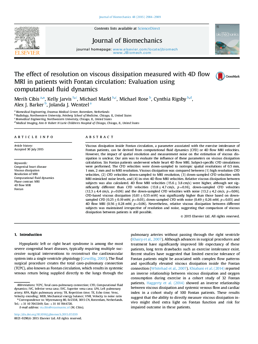 The effect of resolution on viscous dissipation measured with 4D flow MRI in patients with Fontan circulation: Evaluation using computational fluid dynamics