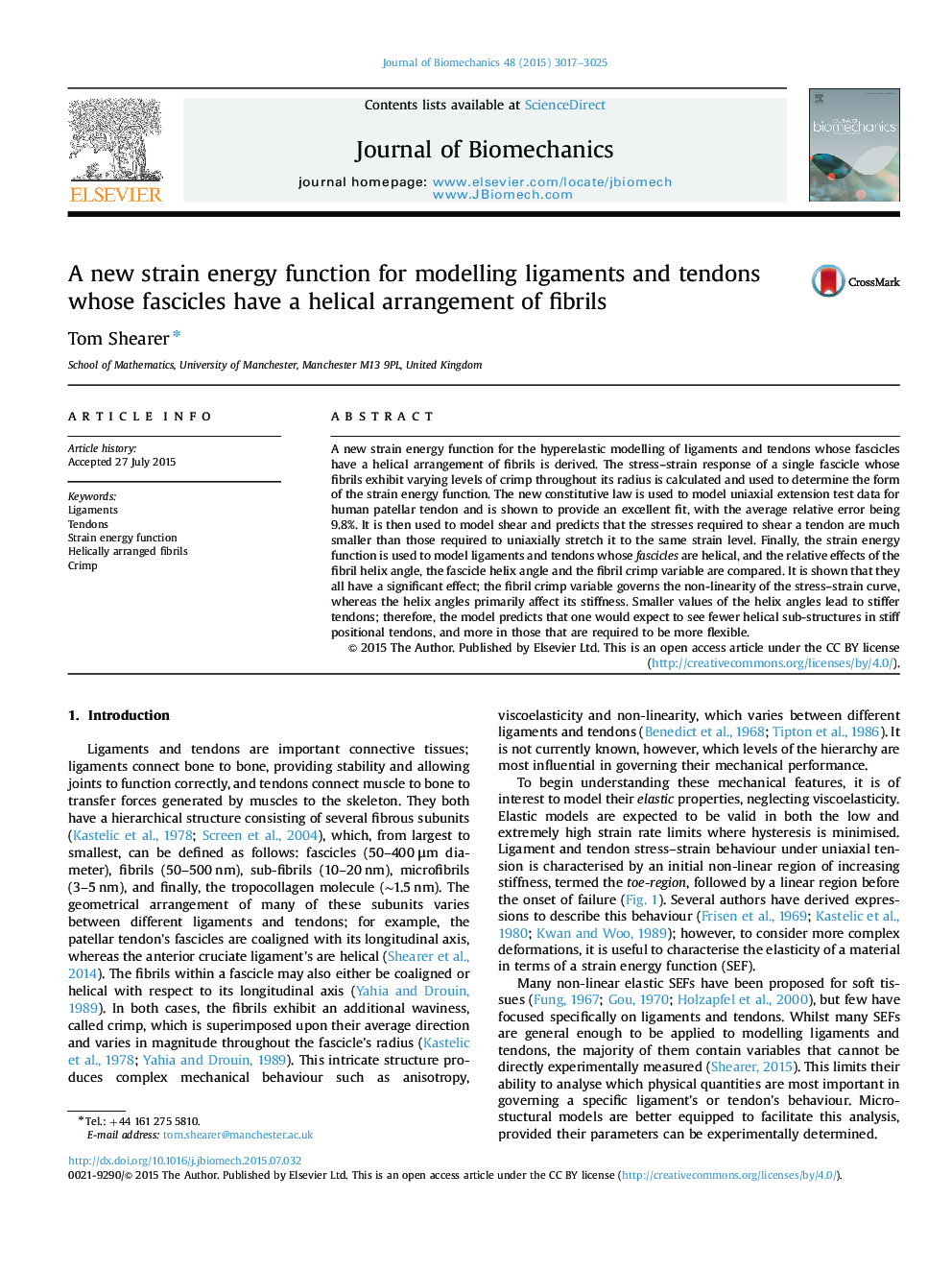 A new strain energy function for modelling ligaments and tendons whose fascicles have a helical arrangement of fibrils