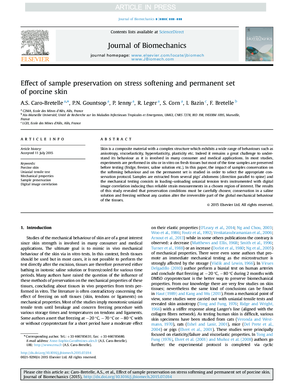 Effect of sample preservation on stress softening and permanent set of porcine skin