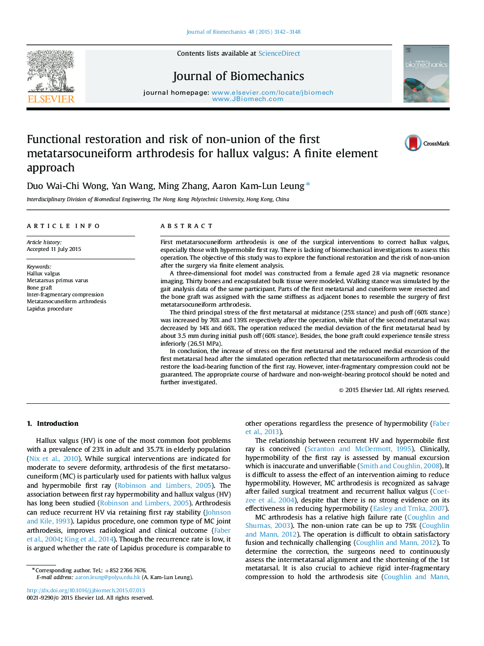 Functional restoration and risk of non-union of the first metatarsocuneiform arthrodesis for hallux valgus: A finite element approach