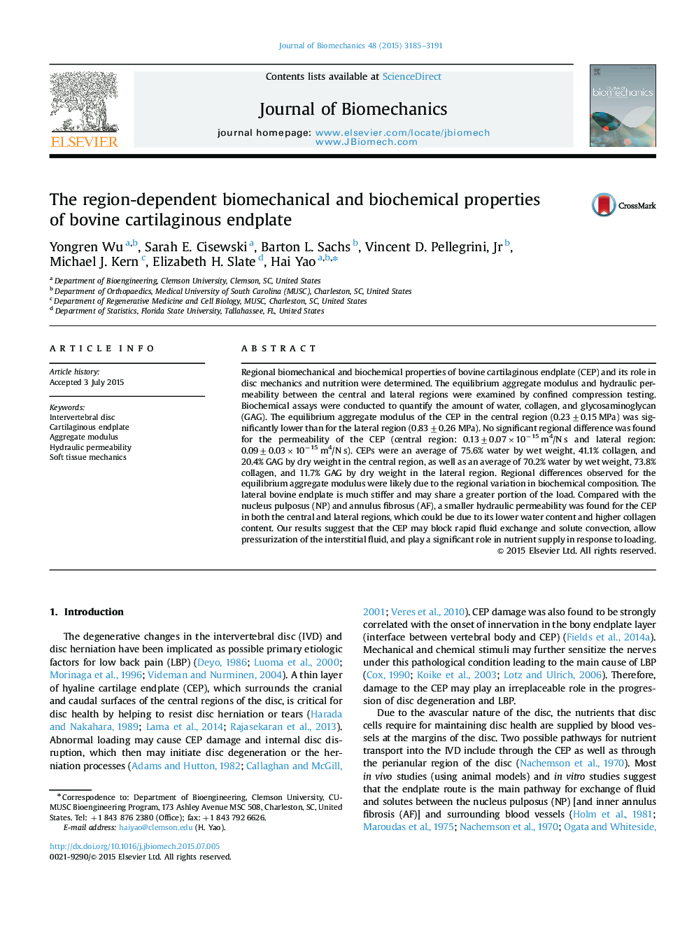 The region-dependent biomechanical and biochemical properties of bovine cartilaginous endplate