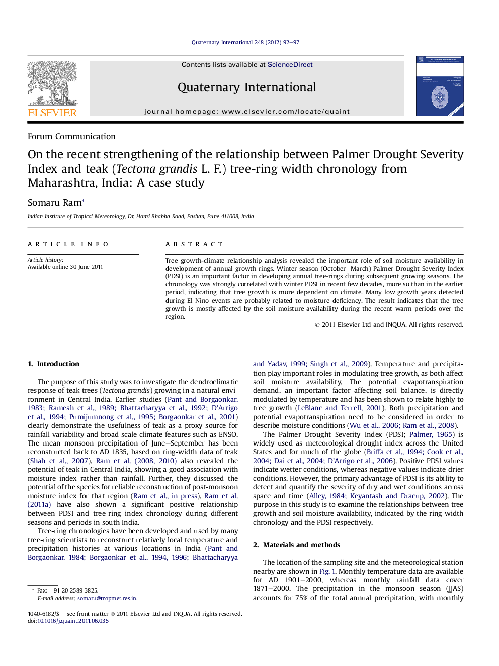 On the recent strengthening of the relationship between Palmer Drought Severity Index and teak (Tectona grandis L. F.) tree-ring width chronology from Maharashtra, India: A case study