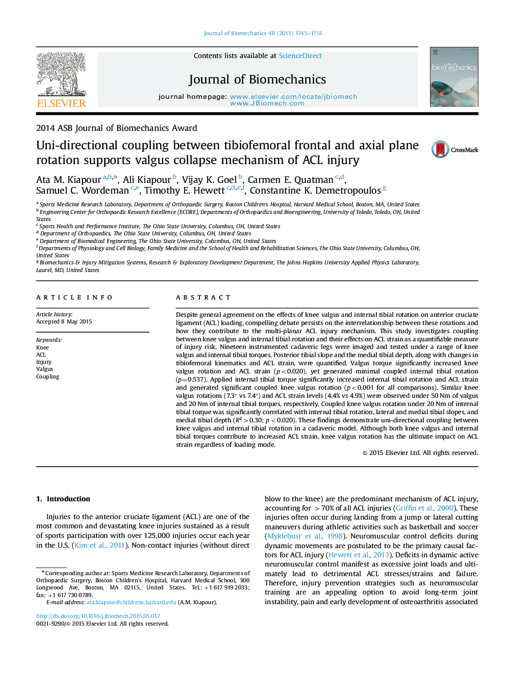 Uni-directional coupling between tibiofemoral frontal and axial plane rotation supports valgus collapse mechanism of ACL injury