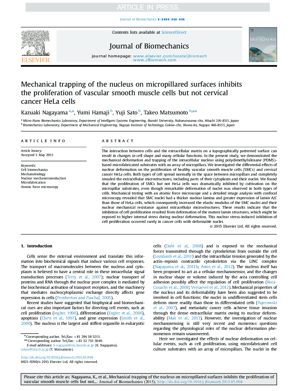 عکس صفحه اول مقاله: Mechanical trapping of the nucleus on micropillared surfaces inhibits the proliferation of vascular smooth muscle cells but not cervical cancer HeLa cells Mechanical trapping of the nucleus on micropillared surfaces inhibits the proliferation of vascular smooth muscle cells but not cervical cancer HeLa cells