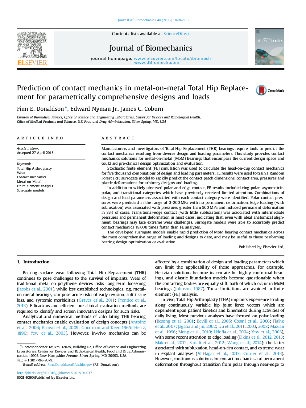 Prediction of contact mechanics in metal-on-metal Total Hip Replacement for parametrically comprehensive designs and loads