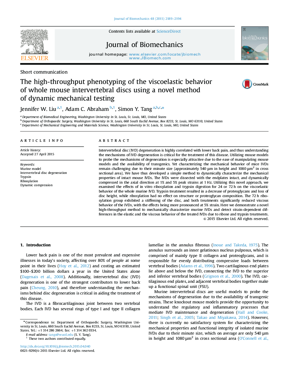 The high-throughput phenotyping of the viscoelastic behavior of whole mouse intervertebral discs using a novel method of dynamic mechanical testing