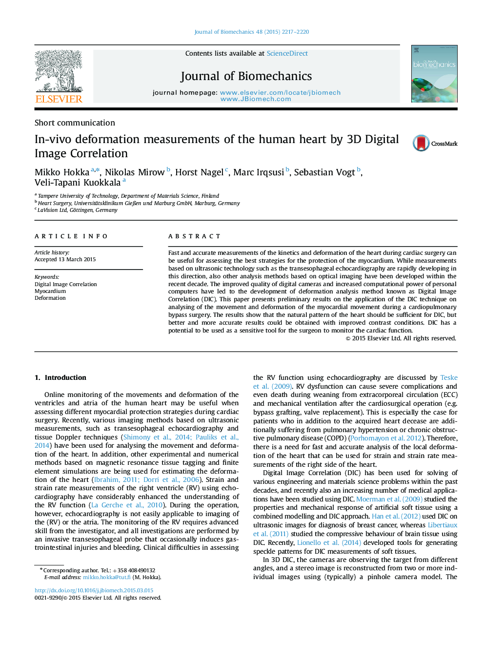 In-vivo deformation measurements of the human heart by 3D Digital Image Correlation