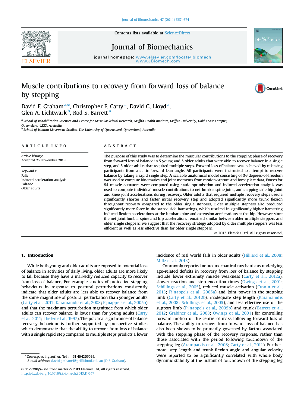 Muscle contributions to recovery from forward loss of balance by stepping