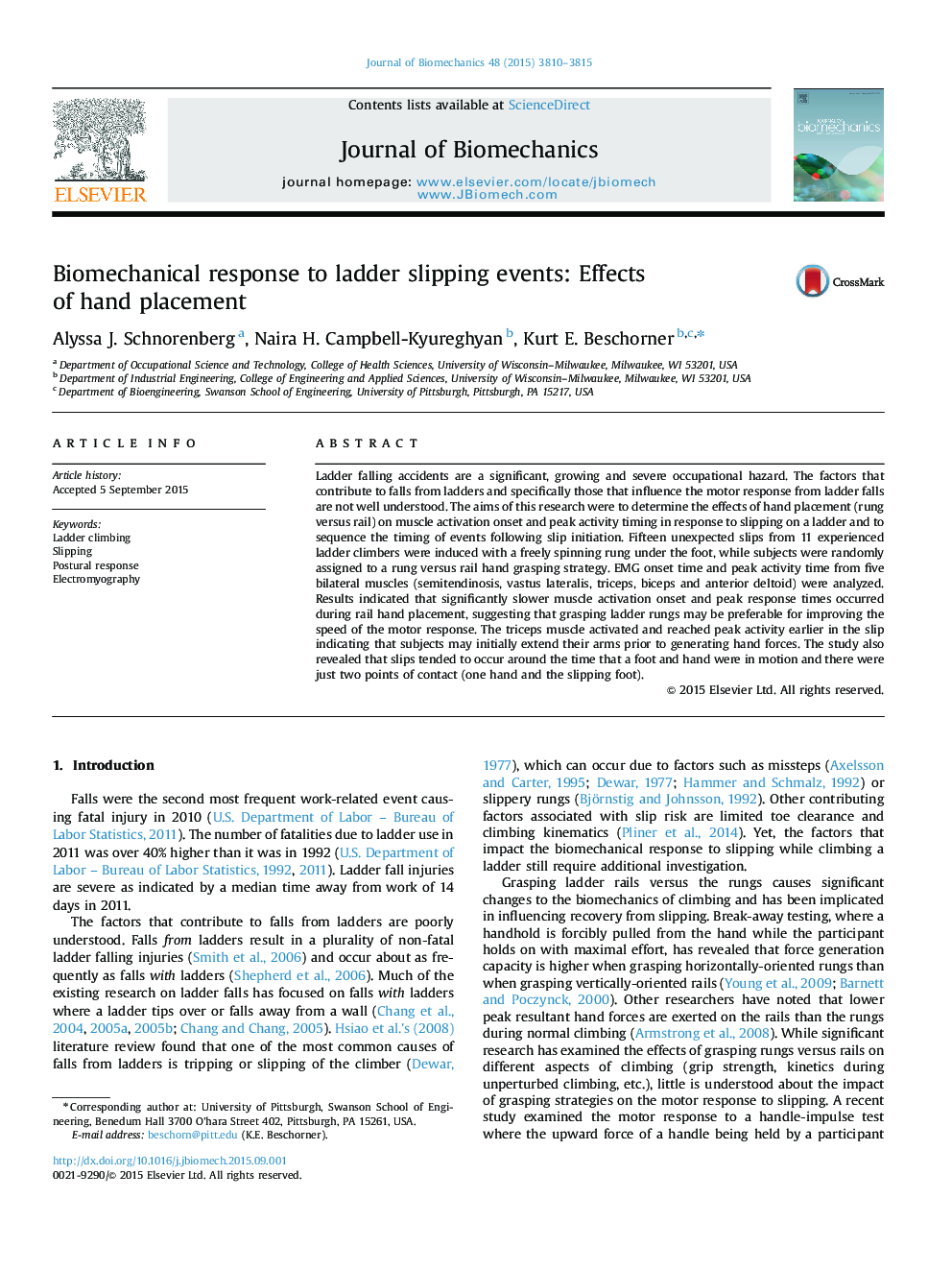 Biomechanical response to ladder slipping events: Effects of hand placement