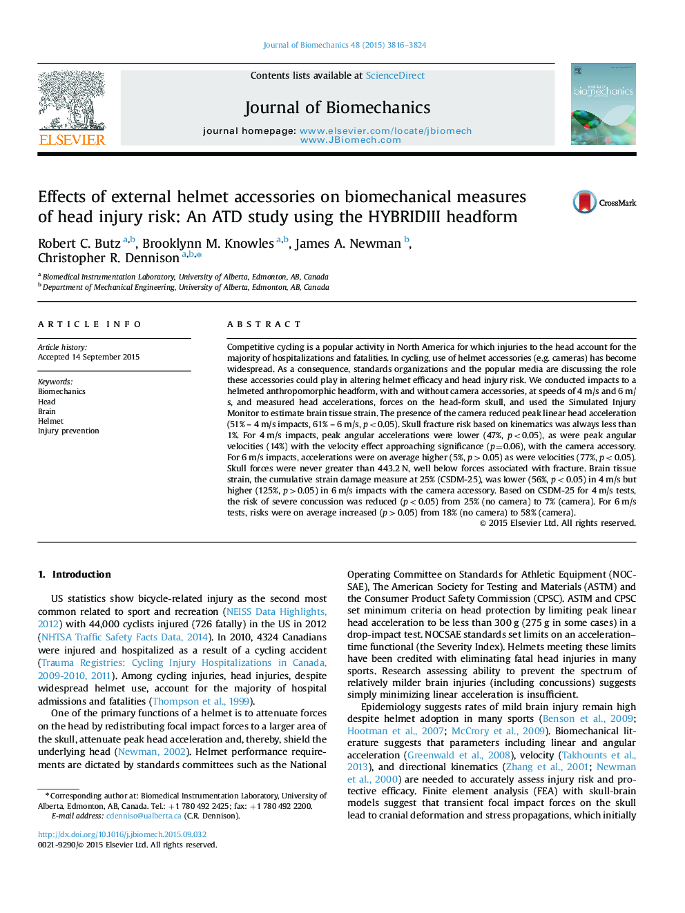 Effects of external helmet accessories on biomechanical measures of head injury risk: An ATD study using the HYBRIDIII headform