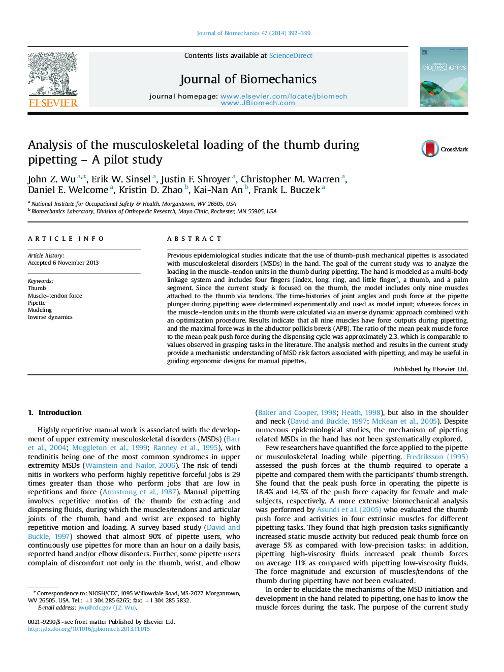 Analysis of the musculoskeletal loading of the thumb during pipetting - A pilot study