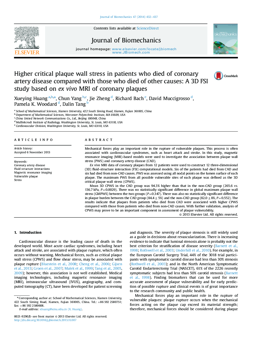 Higher critical plaque wall stress in patients who died of coronary artery disease compared with those who died of other causes: A 3D FSI study based on ex vivo MRI of coronary plaques