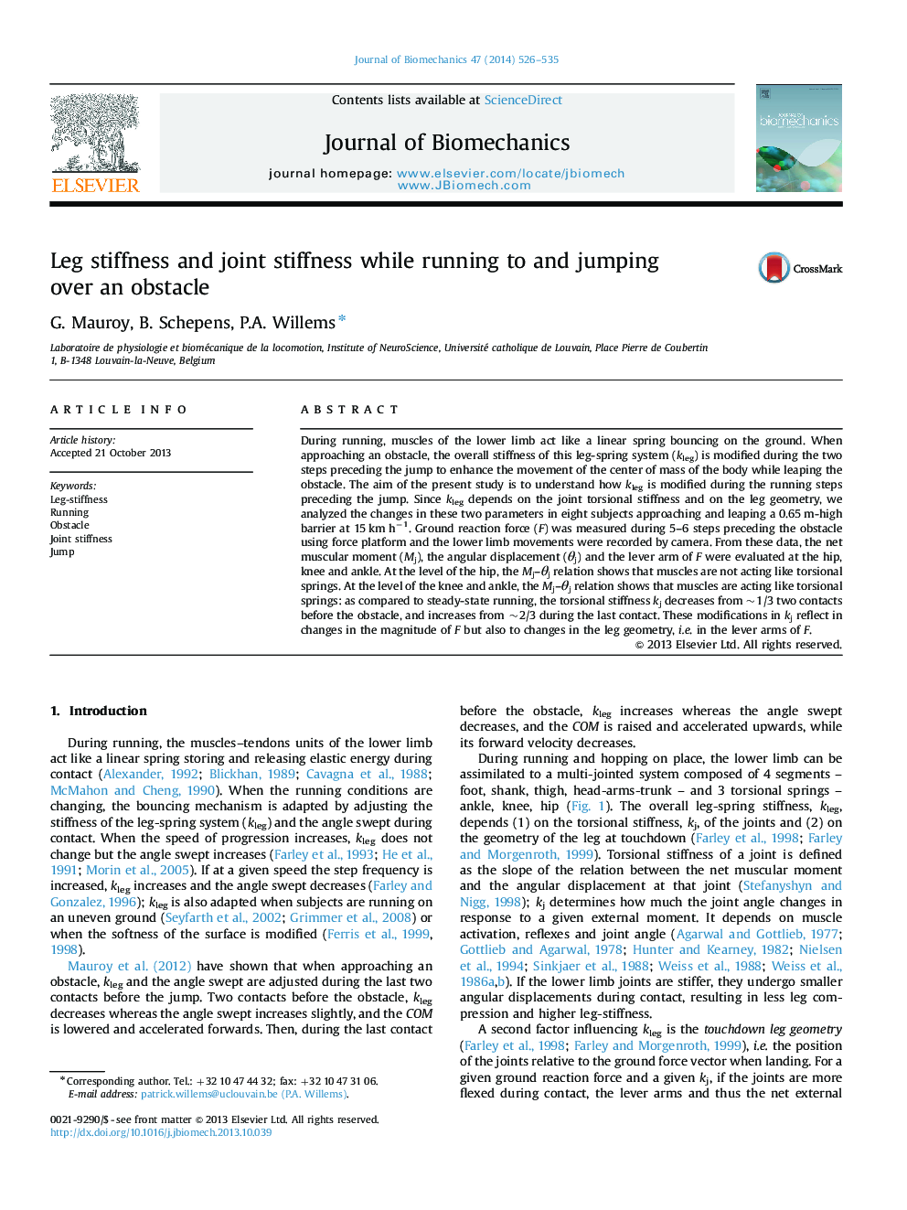 Leg stiffness and joint stiffness while running to and jumping over an obstacle