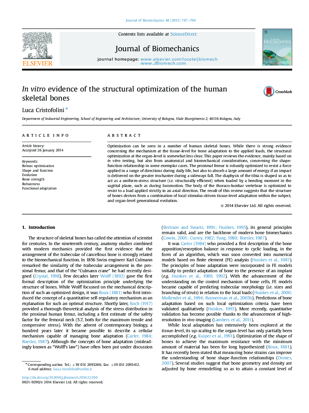 In vitro evidence of the structural optimization of the human skeletal bones