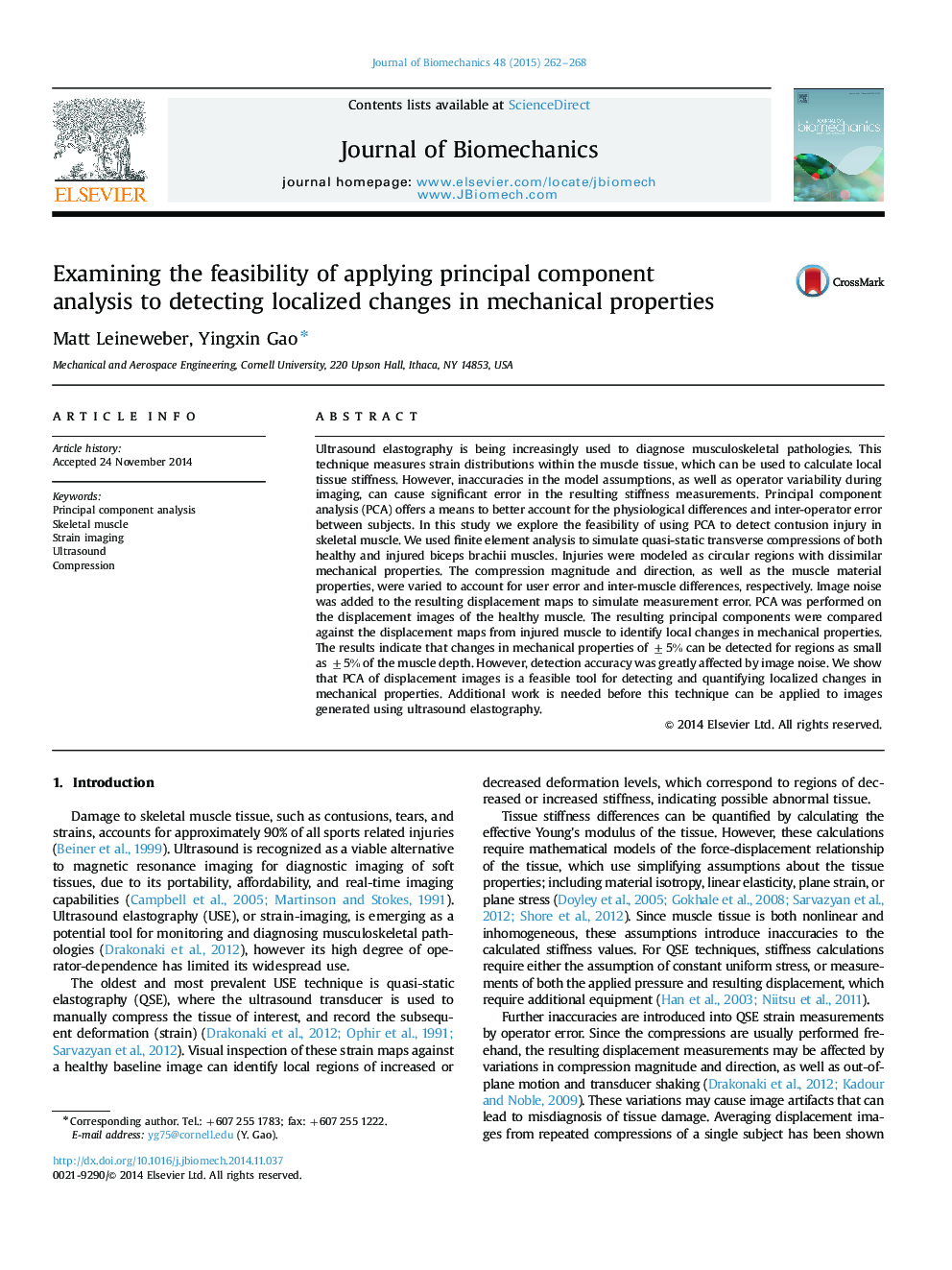 Examining the feasibility of applying principal component analysis to detecting localized changes in mechanical properties