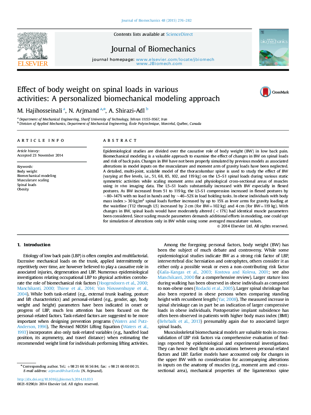 Effect of body weight on spinal loads in various activities: A personalized biomechanical modeling approach
