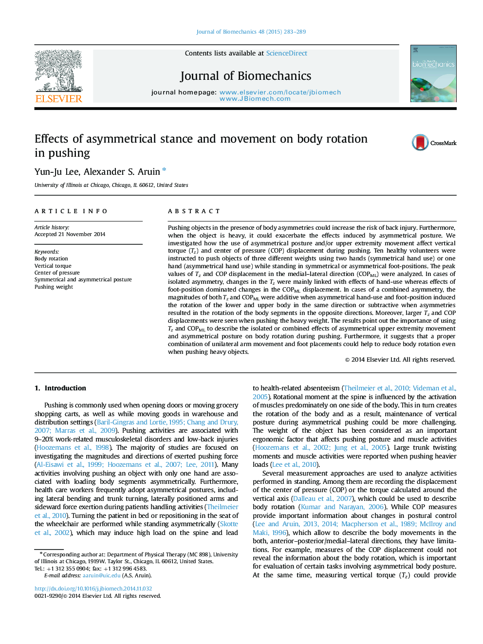 Effects of asymmetrical stance and movement on body rotation in pushing