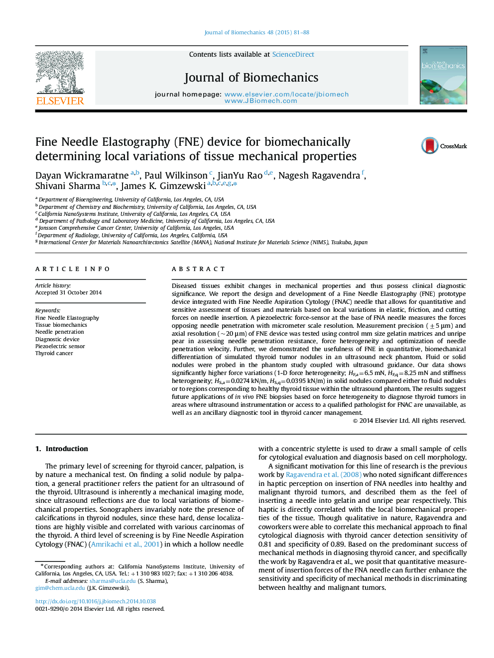 Fine Needle Elastography (FNE) device for biomechanically determining local variations of tissue mechanical properties