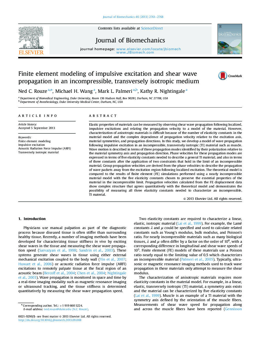 Finite element modeling of impulsive excitation and shear wave propagation in an incompressible, transversely isotropic medium