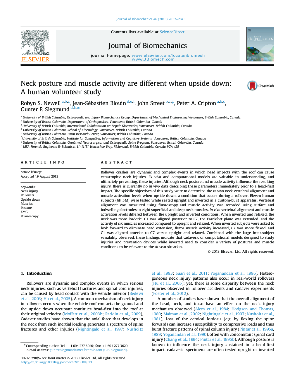 Neck posture and muscle activity are different when upside down: A human volunteer study