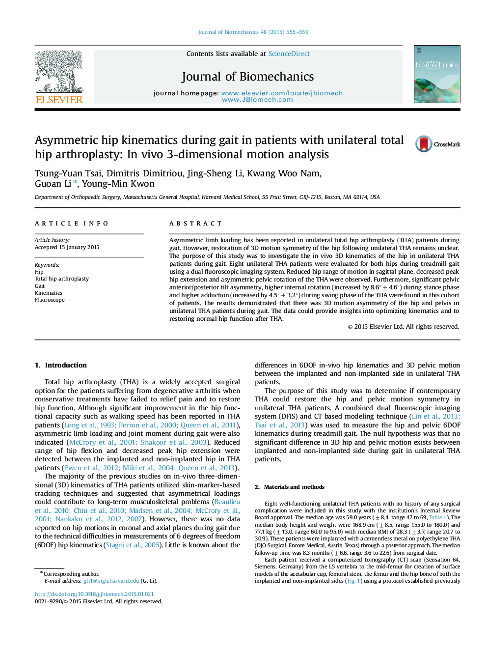 Asymmetric hip kinematics during gait in patients with unilateral total hip arthroplasty: In vivo 3-dimensional motion analysis