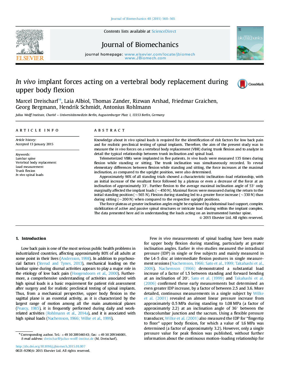 In vivo implant forces acting on a vertebral body replacement during upper body flexion