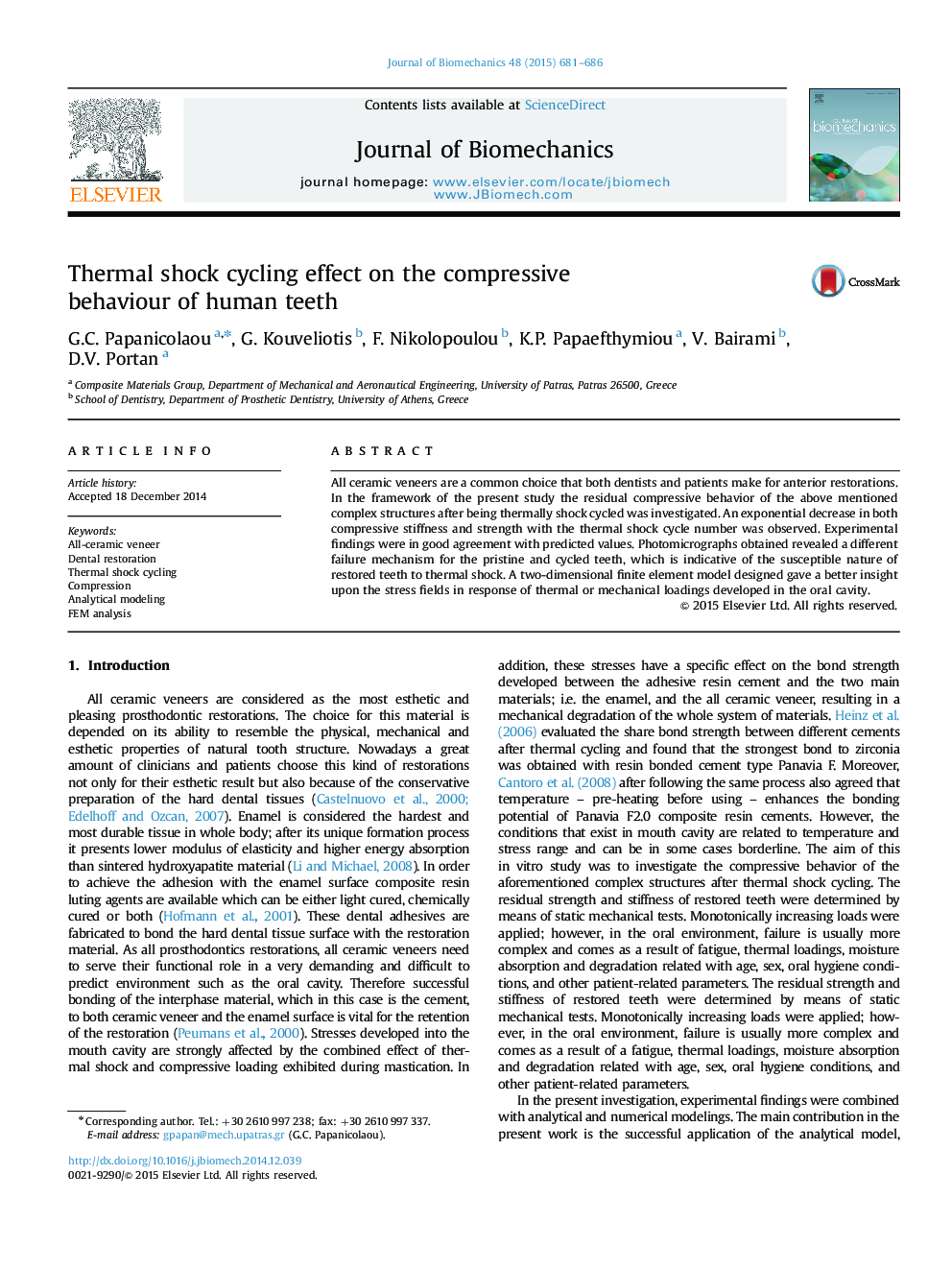 Thermal shock cycling effect on the compressive behaviour of human teeth