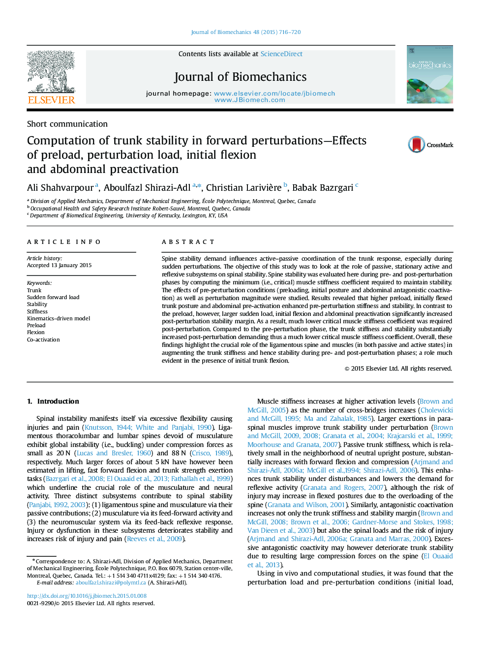 Computation of trunk stability in forward perturbations-Effects of preload, perturbation load, initial flexion and abdominal preactivation