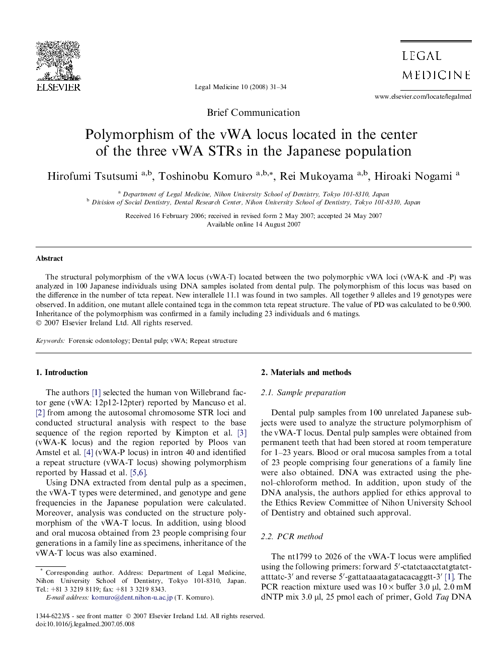 Polymorphism of the vWA locus located in the center of the three vWA STRs in the Japanese population