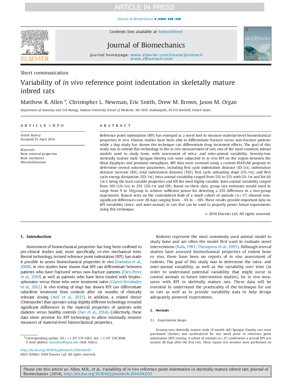 Variability of in vivo reference point indentation in skeletally mature inbred rats