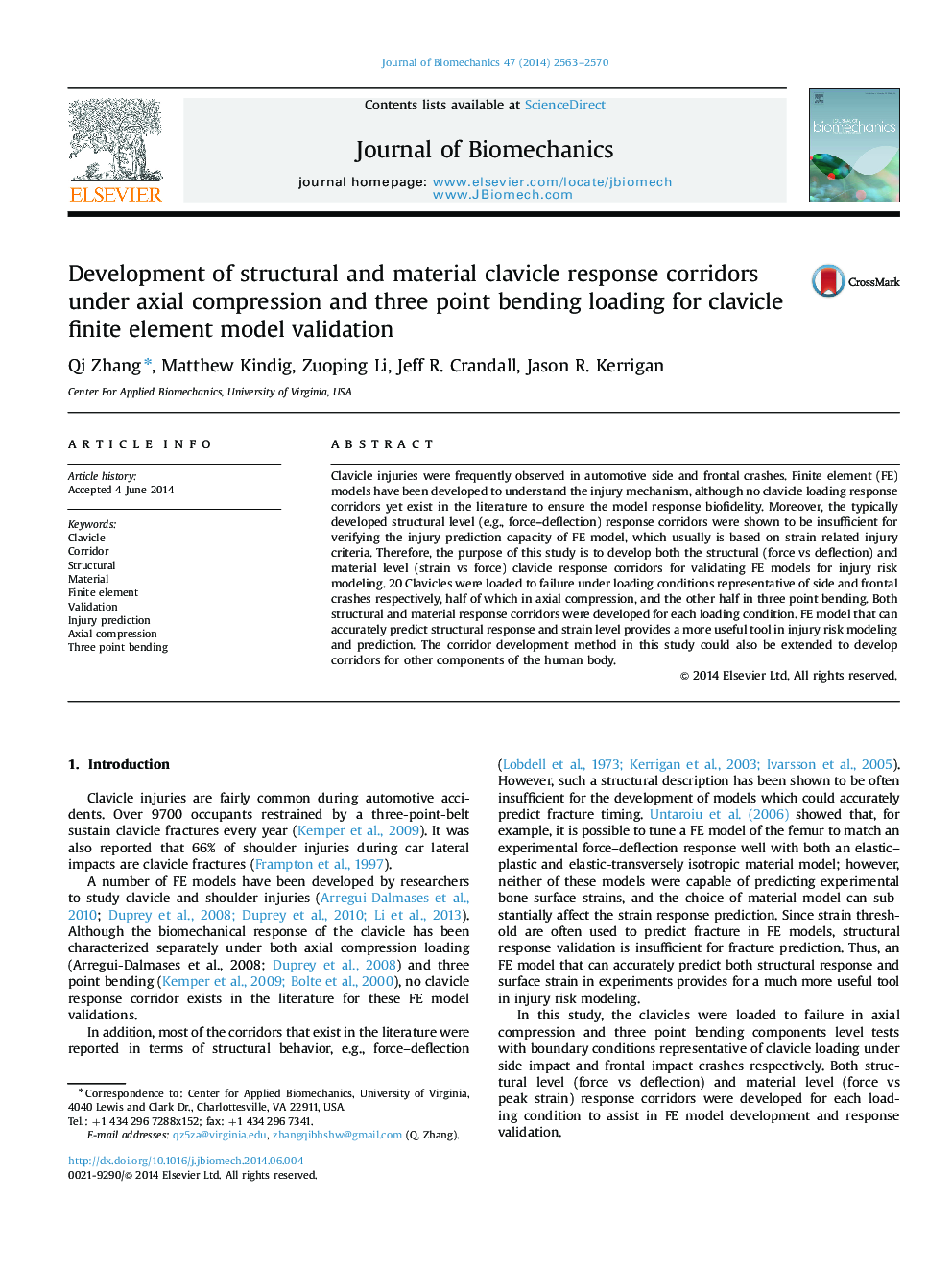 Development of structural and material clavicle response corridors under axial compression and three point bending loading for clavicle finite element model validation