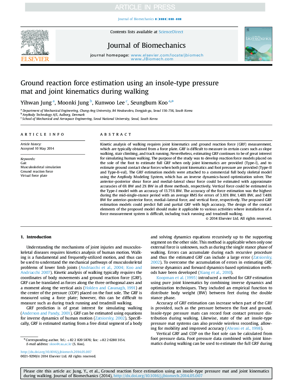 Ground reaction force estimation using an insole-type pressure mat and joint kinematics during walking