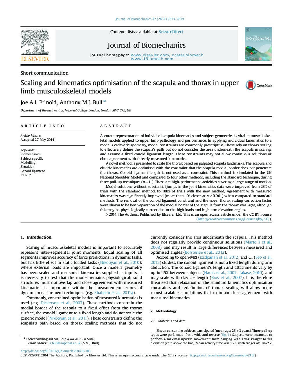 Scaling and kinematics optimisation of the scapula and thorax in upper limb musculoskeletal models