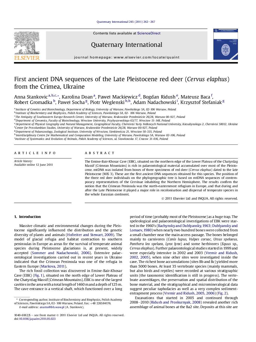 First ancient DNA sequences of the Late Pleistocene red deer (Cervus elaphus) from the Crimea, Ukraine