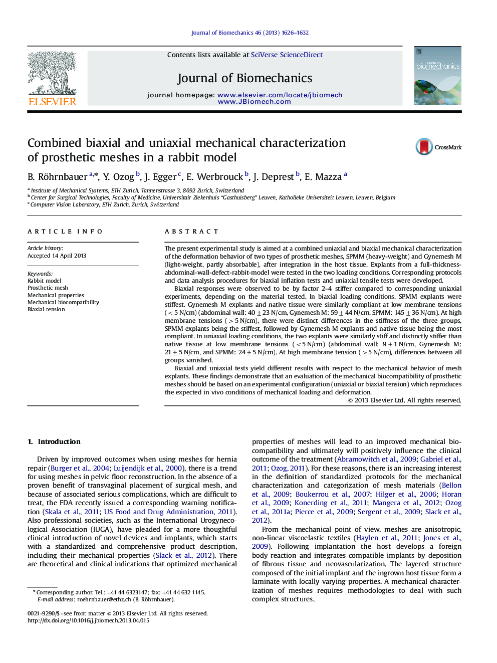 Combined biaxial and uniaxial mechanical characterization of prosthetic meshes in a rabbit model