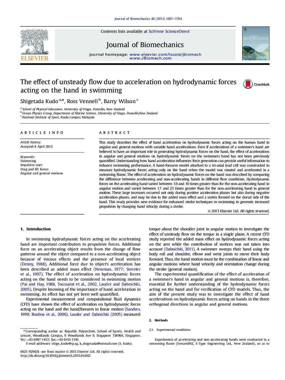 The effect of unsteady flow due to acceleration on hydrodynamic forces acting on the hand in swimming