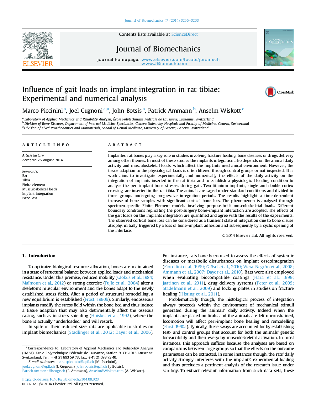 Influence of gait loads on implant integration in rat tibiae: Experimental and numerical analysis