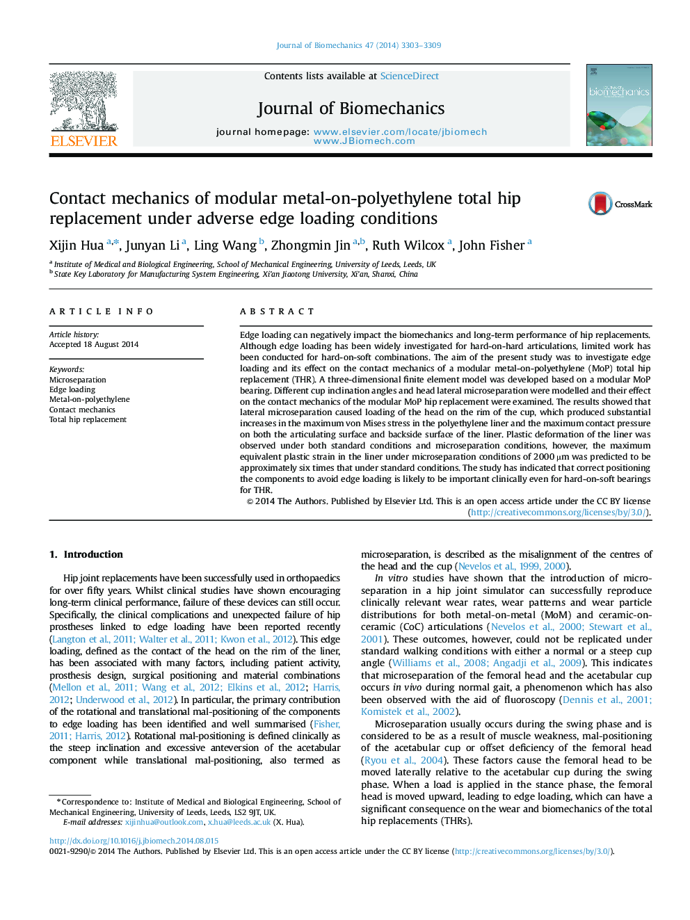 Contact mechanics of modular metal-on-polyethylene total hip replacement under adverse edge loading conditions