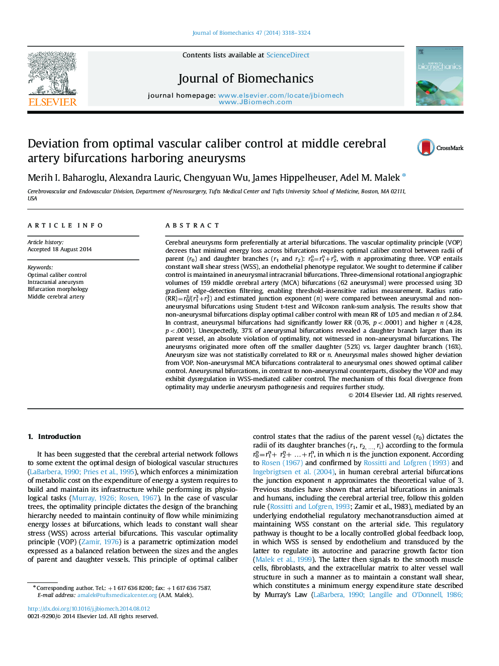 Deviation from optimal vascular caliber control at middle cerebral artery bifurcations harboring aneurysms