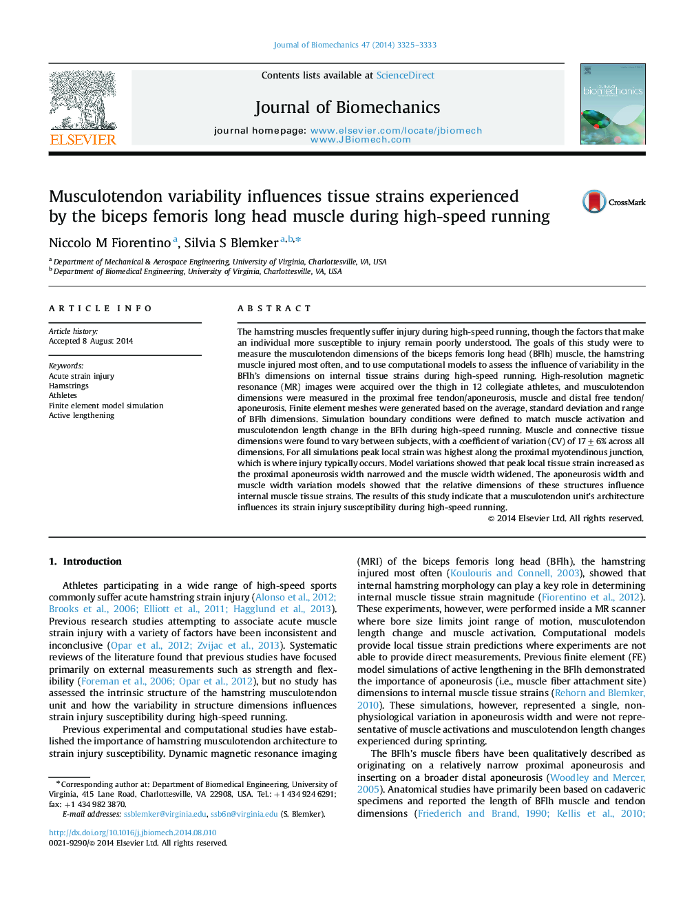 Musculotendon variability influences tissue strains experienced by the biceps femoris long head muscle during high-speed running