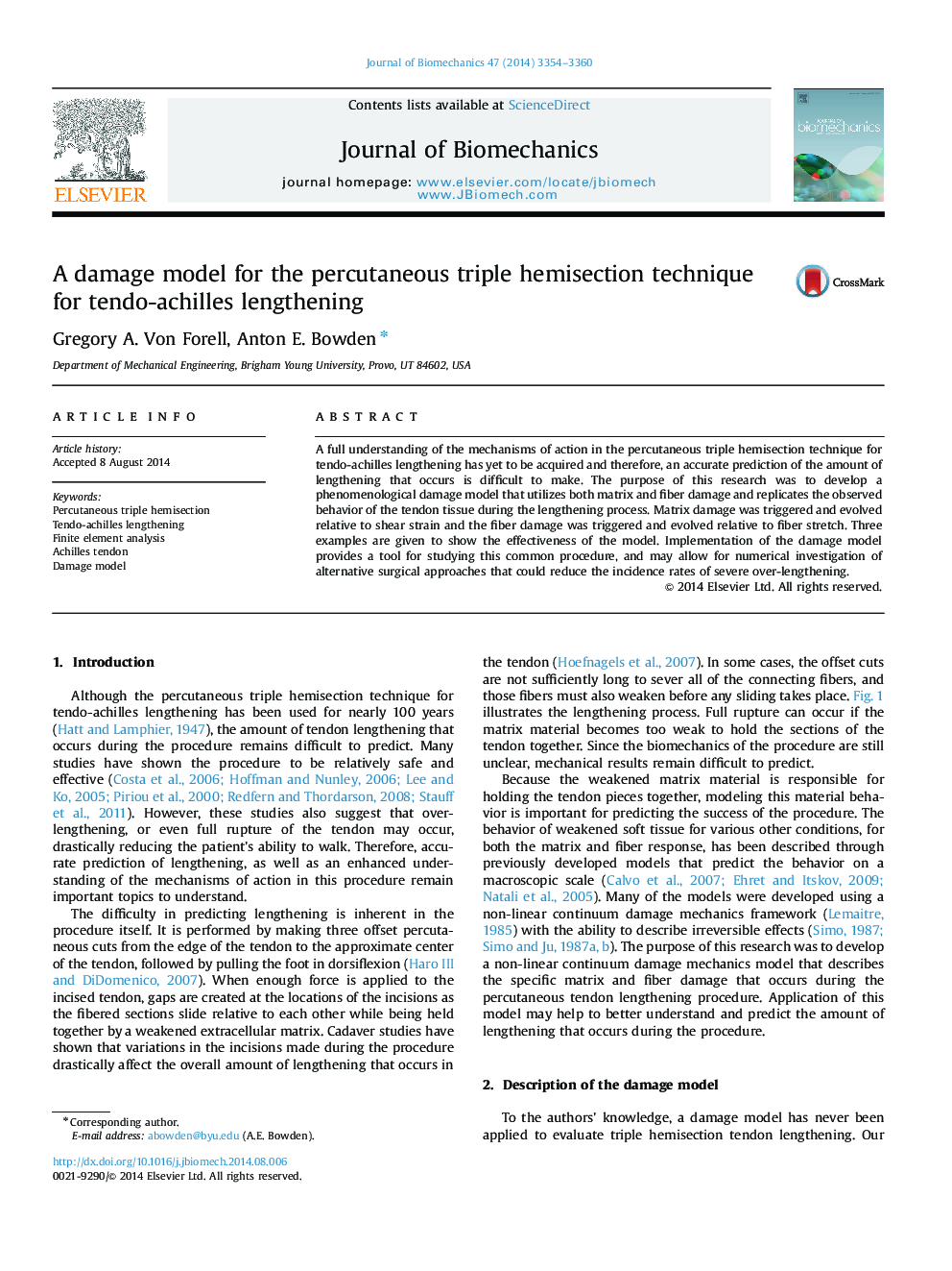 A damage model for the percutaneous triple hemisection technique for tendo-achilles lengthening