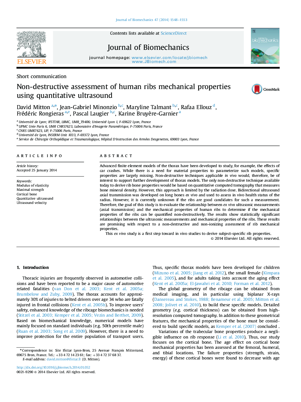 Non-destructive assessment of human ribs mechanical properties using quantitative ultrasound