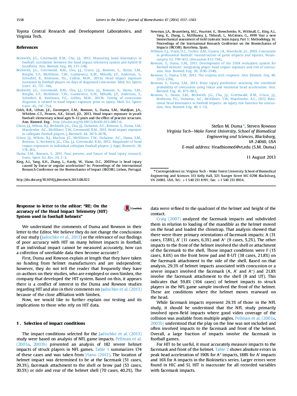 عکس صفحه اول مقاله: Response to letter to the editor: “RE: On the accuracy of the Head Impact Telemetry (HIT) System used in football helmets” Response to letter to the editor: “RE: On the accuracy of the Head Impact Telemetry (HIT) System used in football helmets”