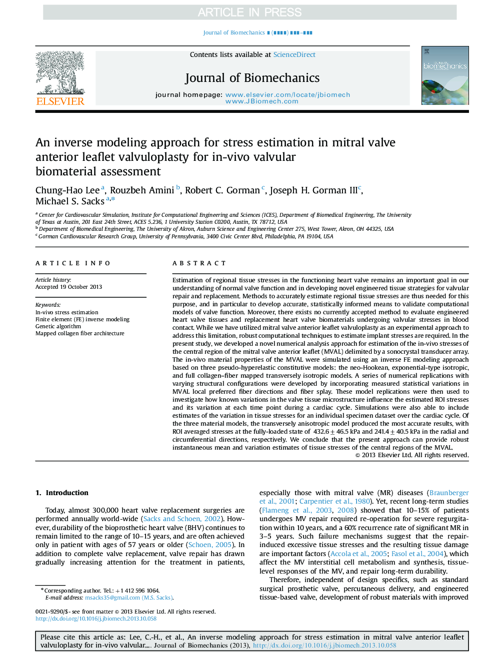 عکس صفحه اول مقاله: An inverse modeling approach for stress estimation in mitral valve anterior leaflet valvuloplasty for in-vivo valvular biomaterial assessment An inverse modeling approach for stress estimation in mitral valve anterior leaflet valvuloplasty for in-vivo valvular biomaterial assessment