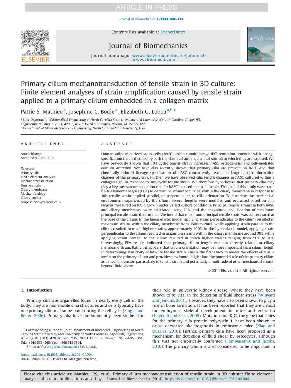 Primary cilium mechanotransduction of tensile strain in 3D culture: Finite element analyses of strain amplification caused by tensile strain applied to a primary cilium embedded in a collagen matrix