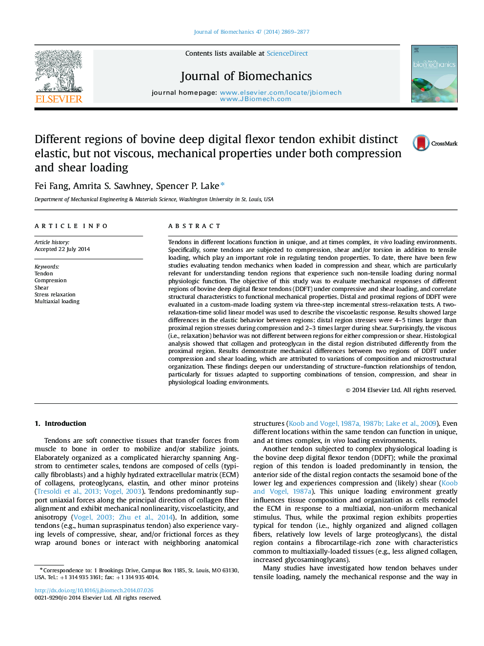 Different regions of bovine deep digital flexor tendon exhibit distinct elastic, but not viscous, mechanical properties under both compression and shear loading