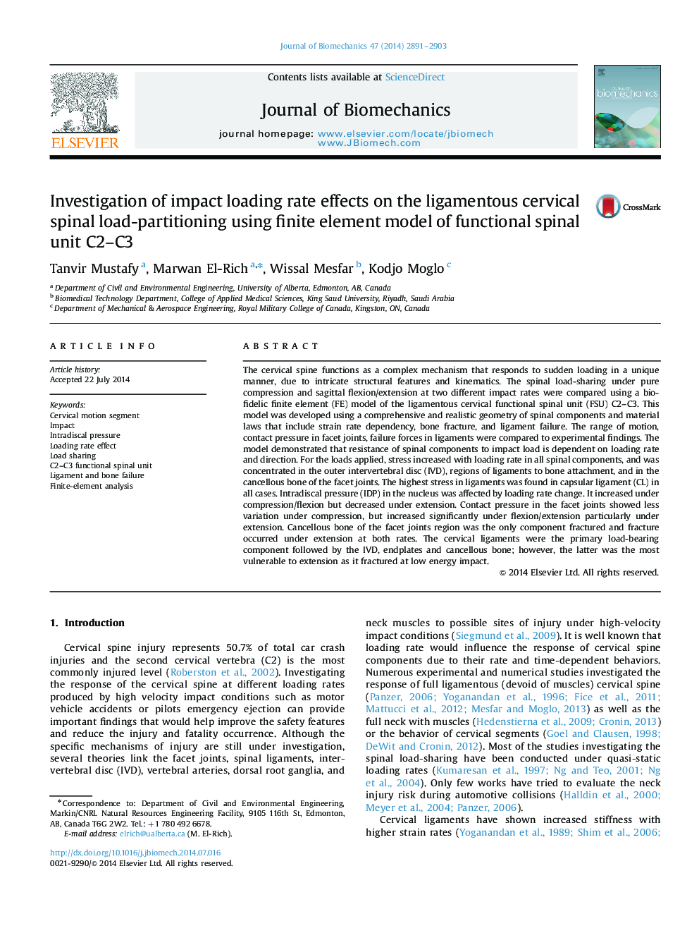 Investigation of impact loading rate effects on the ligamentous cervical spinal load-partitioning using finite element model of functional spinal unit C2-C3