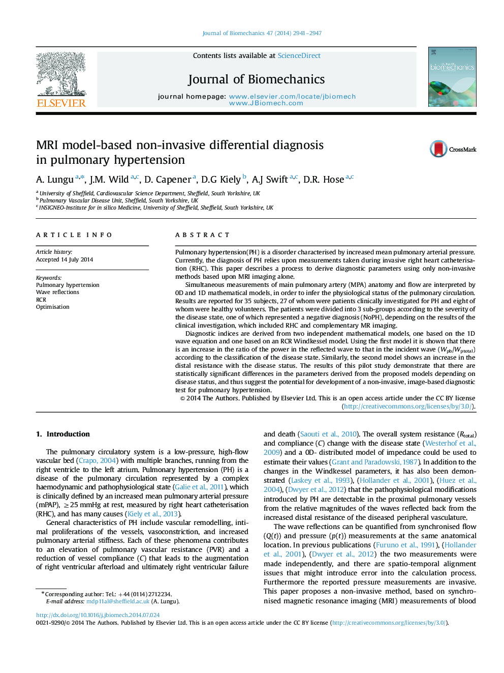 MRI model-based non-invasive differential diagnosis in pulmonary hypertension