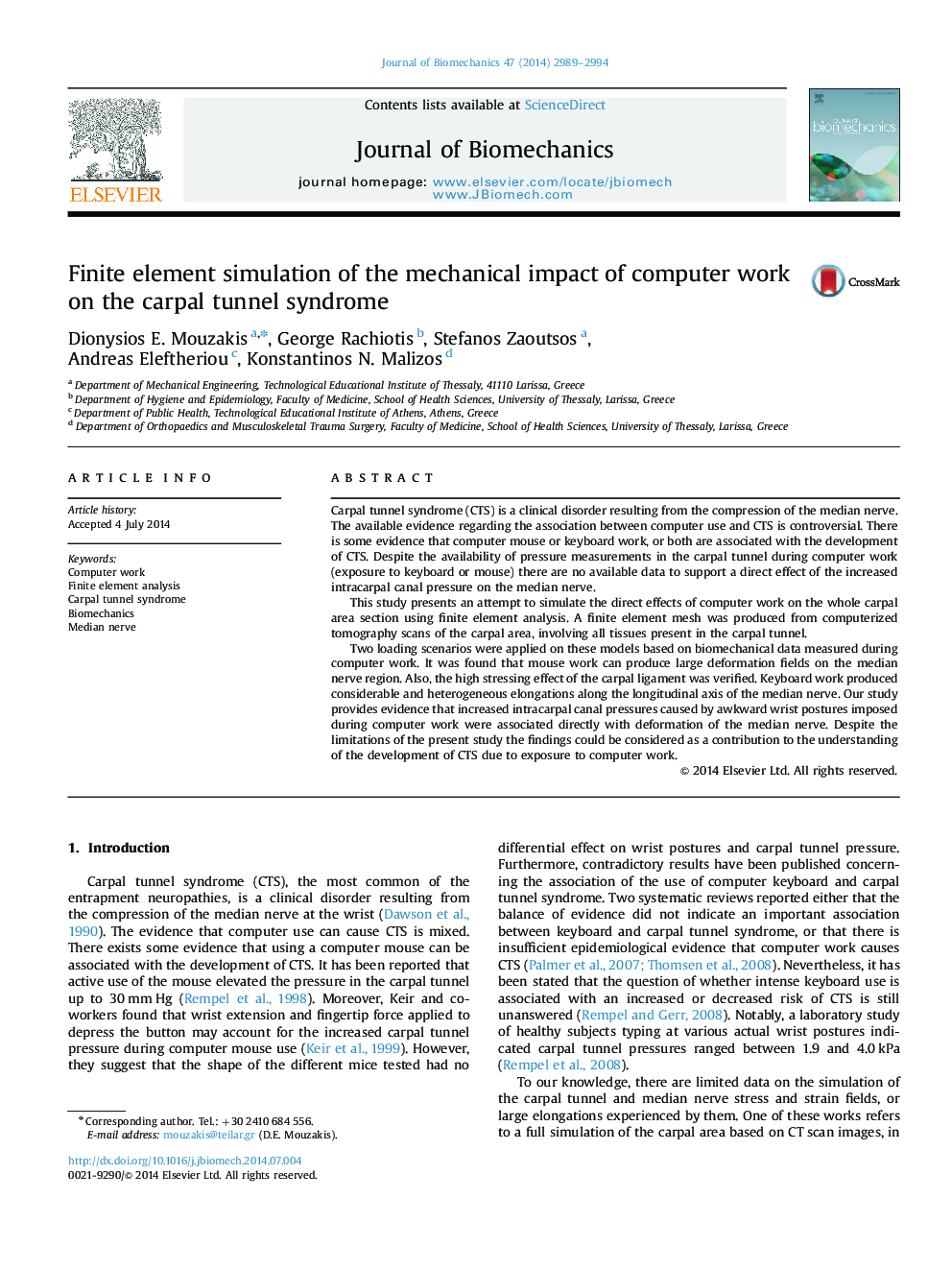 Finite element simulation of the mechanical impact of computer work on the carpal tunnel syndrome